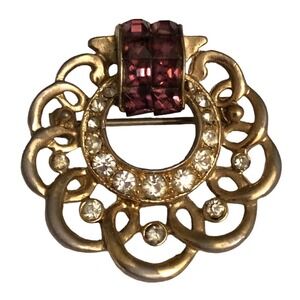 Vintage Gold Tone Amethyst Clear Rhinestone Crystal Wreath Circular Brooch Pin